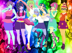 Size: 1454x1076 | Tagged: safe, artist:rebeeccadesings, indigo zap, lemon zest, sour sweet, sugarcoat, sunny flare, sunset shimmer, twilight sparkle, equestria girls, g4, alternate universe, anime, armpits, base used, clothes, clothes swap, dress, freckles, glasses, goggles, human sunset, looking at you, peace sign, smiling