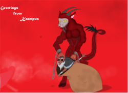 Size: 5336x3912 | Tagged: safe, artist:mr100dragon100, lord tirek, goat, g4, chains, christmas, hearth's warming eve, holiday, krampus, red background, sack, simple background