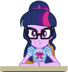 Size: 1892x2010 | Tagged: safe, artist:thebarsection, sci-twi, twilight sparkle, equestria girls, g4, my little pony equestria girls: better together, the finals countdown, >:), >:d, clothes, desk, female, glasses, looking at you, ponytail, simple background, smiling, smirk, solo, transparent background