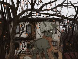 Size: 1600x1200 | Tagged: safe, artist:celestiawept, lyra heartstrings, pony, unicorn, g4, autumn, clothes, crying, female, house, sad, scarf, solo, tree