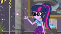 Size: 1280x720 | Tagged: safe, screencap, sci-twi, twilight sparkle, equestria girls, g4, my little pony equestria girls: better together, school of rock, clothes, female, glasses, ponytail, skirt, smiling, solo