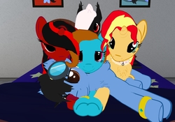 Size: 2408x1688 | Tagged: artist needed, safe, sunset shimmer, oc, oc:diamond breeze, oc:midnight ruby, oc:neo miles, oc:shadow star, g4, bed, cuddling, goggles, neomond, pony pile, red and black oc, second life, snuggling