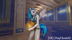 Size: 1920x1080 | Tagged: safe, artist:gr-vinyl-scratch, dj pon-3, vinyl scratch, anthro, g4, 3d, ball, bikini, clothes, female, hearst castle, looking at you, shy, smiling, solo, source filmmaker, swimming pool, swimsuit, vinylcorn