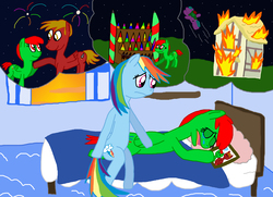 Size: 3246x2346 | Tagged: safe, artist:sb1991, rainbow dash, oc, oc:fire sparks, oc:quilt patch, oc:rocket launch, pegasus, pony, g4, bed, burning, cloudsdale, crying, display, father and daughter, female, fireworks, high res, house, iplied death, male, memory, night, photo, sad, sad story, story art