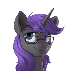 Size: 2000x2000 | Tagged: safe, artist:dimfann, oc, oc only, oc:romny hasagawa, pony, unicorn, blue eyes, bust, glasses, gray coat, high res, looking at you, male, purple mane, simple background, smiling, solo, stallion, transparent background