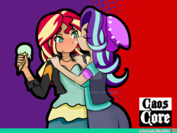 Size: 1024x768 | Tagged: safe, artist:caoscore, starlight glimmer, sunset shimmer, equestria girls, g4, beanie, clothes, female, food, hat, ice cream, lesbian, pants, patreon, patreon logo, ship:shimmerglimmer, shipping, watermark