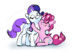 Size: 1242x904 | Tagged: safe, artist:xbi, pinkie pie, rarity, earth pony, pony, unicorn, g4, 30 minute art challenge, cute, eyes closed, female, hug, implied kissing, lesbian, mare, mlem, ship:raripie, shipping, silly, simple background, sitting, smiling, tongue out, white background