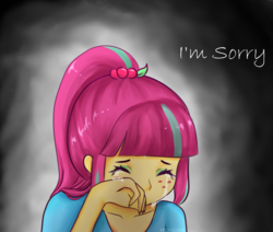 Size: 1000x849 | Tagged: safe, artist:electricshine, sour sweet, equestria girls, g4, apology, bust, clothes, crying, dialogue, eyes closed, eyeshadow, female, freckles, makeup, sad, solo