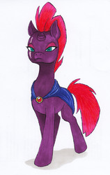 Size: 2648x4177 | Tagged: safe, artist:deoxtri, fizzlepop berrytwist, tempest shadow, pony, g4, my little pony: the movie, broken horn, cloak, clothes, female, horn, solo, traditional art