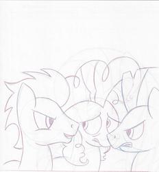 Size: 1700x1835 | Tagged: safe, artist:justanotherponyartblog, pinkie pie, soarin', thunderlane, earth pony, pegasus, pony, g4, angry, facial expressions, female, grin, just another pony art blog, male, mare, nervous, nervous smile, pencil drawing, smiling, sneak peek, stallion, traditional art