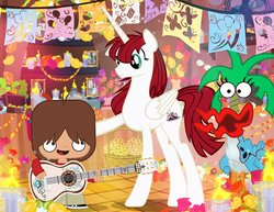 Size: 1000x773 | Tagged: safe, artist:pixelkitties, star swirl the bearded, twist, oc, oc:fausticorn, alicorn, pony, g4, altar de muertos, candle, chocolate, coco (disney movie), coco (foster's), crossover, cutie mark, dia de los muertos, flower, food, foster's home for imaginary friends, guitar, hot chocolate, lauren faust, mac (foster's), muffin, ofrenda, ponified, ponysona