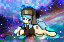 Size: 1101x725 | Tagged: safe, edit, oc, oc only, unnamed oc, earth pony, pony, 80s, aesthetics, hat, nebula, solo, space, ushanka, vaporwave, winterchan