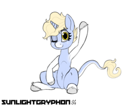 Size: 6000x5000 | Tagged: safe, artist:sunlightgryphon, oc, oc only, oc:nootaz, classical unicorn, pony, unicorn, absurd resolution, armpits, cloven hooves, horn, leonine tail, one eye closed, simple background, transparent background, unshorn fetlocks, waving, wink