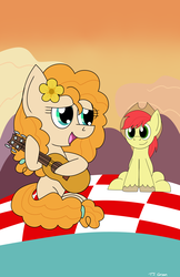 Size: 3300x5100 | Tagged: safe, artist:toonboy92484, bright mac, pear butter, g4, brightabetes, cute, female, guitar, male, pearabetes, ship:brightbutter, shipping, straight, sunset