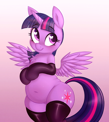 Size: 905x1009 | Tagged: safe, artist:toroitimu, twilight sparkle, alicorn, pony, semi-anthro, g4, belly, belly button, bipedal, blushing, chest fluff, chubby, clothes, cute, evening gloves, fat, female, gloves, gradient background, heart eyes, long gloves, looking up, mare, plump, smiling, solo, spread wings, standing, stockings, thigh highs, twiabetes, twilard sparkle, twilight sparkle (alicorn), wingding eyes, wings