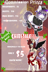 Size: 1500x2244 | Tagged: safe, artist:serenity, advertisement, chibi, christmas, commission, commission info, cute, holiday, holly, raised hoof, sale, unshorn fetlocks