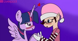 Size: 1600x850 | Tagged: safe, artist:briithanypegasister, twilight sparkle, alicorn, elf, human, g4, christmas, christmas outfit, commercial, crossover, crossover shipping, elflight, female, hat, hide yo waifus, holiday, hug, jewelry, liverpool, male, mexico, santa hat, shipping, straight, toy, twilight sparkle (alicorn)