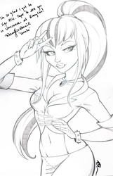 Size: 2149x3333 | Tagged: safe, artist:nicole gauss, sonata dusk, equestria girls, g4, autograph, belly button, breasts, cleavage, clothes, commission, dialogue, female, grayscale, high res, jewelry, looking at you, marÿke hendrikse, midriff, monochrome, necklace, peace sign, ponytail, pose, signature, solo