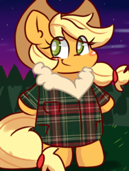 Size: 768x1024 | Tagged: safe, artist:tranzmuteproductions, applejack, earth pony, pony, g4, bipedal, blush sticker, blushing, clothes, coat, cowboy hat, female, flannel, hat, mare, smiling, solo