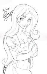 Size: 2117x3323 | Tagged: safe, artist:nicole gauss, sunset shimmer, human, equestria girls, g4, autograph, beautiful, belly button, breasts, cleavage, clothes, commission, female, high res, jacket, leather jacket, midriff, pencil drawing, rebecca shoichet, signature, simple background, sketch, solo, traditional art, white background