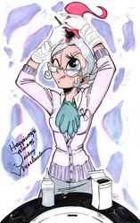 Size: 2147x3419 | Tagged: safe, artist:ponygoddess, mayor mare, human, g4, autograph, cathy weseluck, clothes, colored sketch, commission, dyed hair, female, glasses, gloves, hair dye, high res, humanized, one eye closed, pink hair, signature, solo, tongue out