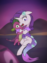 Size: 1200x1600 | Tagged: safe, artist:kkmrarar, rarity, spike, dragon, pony, unicorn, g4, scare master, clothes, cosplay, costume, crying, dress, duo, female, floppy ears, looking at you, male, mare, mermarity, nightmare night, nightmare night costume, open mouth, rarity's mermaid dress, scared, scene interpretation, ship:sparity, shipping, straight