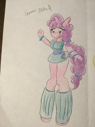 Size: 1024x1365 | Tagged: safe, artist:gmangamer25, sugar belle, anthro, unguligrade anthro, g4, female, leg warmers, short dress, solo, traditional art