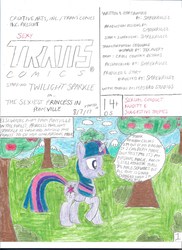 Size: 1700x2338 | Tagged: safe, artist:shrekrulez, twilight sparkle, pony, unicorn, g4, comic, dialogue, female, mare, open mouth, smiling, solo, standing, traditional art