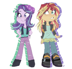 Size: 913x875 | Tagged: safe, artist:jinxiez, starlight glimmer, sunset shimmer, human, equestria girls, g4, beanie, clothes, hand on hip, hat, simple background, smiling, transparent background