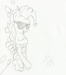 Size: 2412x2744 | Tagged: safe, artist:ninjachristian, pinkie pie, g4, bipedal, female, high res, monochrome, solo, sunglasses, traditional art, wall
