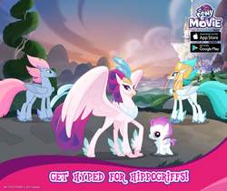 Size: 940x788 | Tagged: safe, gameloft, queen novo, sea poppy, stratus skyranger, classical hippogriff, hippogriff, g4, my little pony: the movie, official, baby, feathered fetlocks, female, male, my little pony: the movie logo, royal guard, unnamed character, unnamed hippogriff