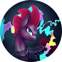 Size: 837x837 | Tagged: safe, artist:chirpy-chi, tempest shadow, pony, unicorn, g4, my little pony: the movie, broken horn, eye scar, female, horn, looking at you, mare, scar, simple background, solo, sparking horn, transparent background