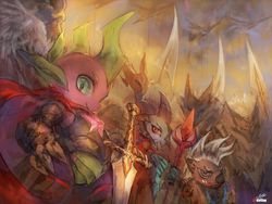 Size: 1200x900 | Tagged: safe, artist:girlsay, grubber, princess ember, spike, dragon, g4, my little pony: the movie, armor, bloodstone scepter, dragon lord ember, dragoness, epic, female, looking at you, metal as fuck, patreon, patreon logo, sword, weapon