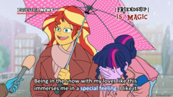 Size: 1920x1080 | Tagged: safe, artist:atariboy2600, sci-twi, sunset shimmer, twilight sparkle, equestria girls, g4, clothes, dialogue, duo focus, female, lesbian, meme, microphone, offscreen character, ship:sci-twishimmer, ship:sunsetsparkle, shipping, smiling, special feeling, umbrella