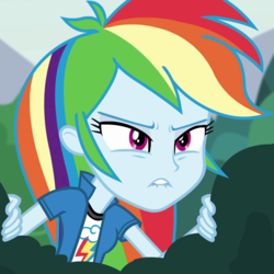 Size: 1080x1080 | Tagged: safe, screencap, rainbow dash, equestria girls, g4, my little pony equestria girls: friendship games, pinkie spy (short), breasts, bush, bust, clothes, cropped, female, frown, lip bite, narrowed eyes, shirt, short sleeves, solo, t-shirt, tree