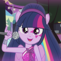 Size: 1080x1080 | Tagged: safe, screencap, twilight sparkle, human, equestria girls, g4, my little pony equestria girls: rainbow rocks, perfect day for fun, bare shoulders, cropped, female, looking at you, microphone, ponied up, rainbow rocks outfit, sleeveless, solo, twilight sparkle (alicorn)