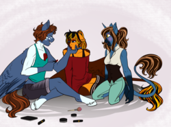 Size: 1024x758 | Tagged: safe, artist:blackblood-queen, oc, oc only, oc:annie belle, oc:benny duke, oc:daniel dasher, pegasus, unicorn, anthro, unguligrade anthro, anthro oc, clothes, crossdressing, eyes closed, floppy ears, lipstick, siblings, smiling, tank top