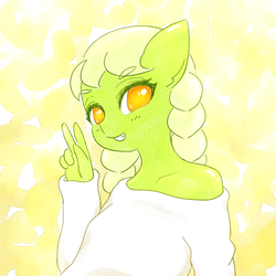 Size: 1791x1791 | Tagged: safe, artist:sigpi, granny smith, earth pony, anthro, g4, clothes, female, looking at you, mare, peace sign, smiling, solo, young granny smith, younger