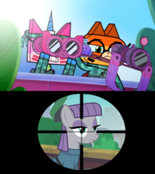 Size: 1272x1433 | Tagged: safe, edit, edited screencap, screencap, maud pie, earth pony, pony, g4, cartoon network, crosshair, crossover, dr. fox, female, lego, mare, meme, spoilers for another series, the lego movie, this will end in happiness, this will end in tears, this will not end well, unikitty, unikitty!