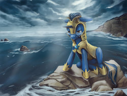 Size: 1024x769 | Tagged: safe, artist:stasushka, oc, oc only, oc:blue star, pony, unicorn, armor, glasses, helmet, male, rock, royal guard, sad, scenery, stallion, water