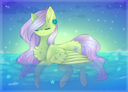 Size: 2000x1436 | Tagged: safe, artist:twinkepaint, fluttershy, pegasus, pony, g4, chest fluff, eyes closed, female, flower, mare, smiling, solo, water