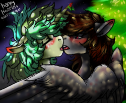 Size: 2374x1935 | Tagged: safe, artist:brainiac, oc, oc only, oc:liftan drift, oc:piper, pegasus, pony, unicorn, fallout equestria, christmas, christmas tree, female, happy hearth's warming, holiday, holly, holly mistaken for mistletoe, kissing, lesbian, lights, mare, raider, tree