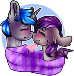 Size: 1833x1896 | Tagged: safe, artist:grapegrass, oc, oc only, oc:dusk vacuo, oc:frost fang, bat pony, pony, unicorn, blushing, clothes, eyes closed, fangs, female, heart, lesbian, noseboop, romance, scarf, shared clothing, shipping, simple background, smiling