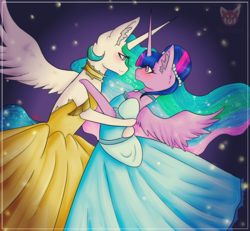 Size: 1280x1183 | Tagged: safe, artist:niniibear, princess celestia, twilight sparkle, alicorn, anthro, semi-anthro, g4, alternate hairstyle, arm hooves, blushing, clothes, crossed horns, cute, dancing, dress, female, gown, hooves, horn, horns are touching, jewelry, lesbian, necklace, ship:twilestia, shipping, sparkles, twilight sparkle (alicorn)