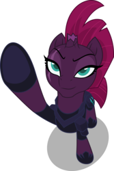 Size: 3349x5000 | Tagged: safe, artist:dashiesparkle, tempest shadow, pony, unicorn, g4, my little pony: the movie, armor, broken horn, eye scar, female, horn, looking up, mare, raised hoof, scar, simple background, smiling, solo, transparent background, vector