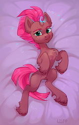 Size: 2062x3235 | Tagged: safe, artist:lispp, tempest shadow, pony, unicorn, g4, my little pony: the movie, bed, broken horn, chest fluff, cute, eye scar, female, fluffy, high res, horn, looking at you, mare, on back, scar, solo, sparking horn, tempestbetes, unshorn fetlocks