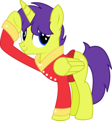 Size: 5371x5823 | Tagged: safe, artist:cyanlightning, oc, oc only, oc:orion galaxy, alicorn, pony, 2018 community collab, derpibooru community collaboration, g4, .svg available, absurd resolution, clothes, looking at you, male, salute, simple background, solo, stallion, transparent background, vector