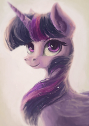 Size: 1068x1510 | Tagged: safe, artist:plainoasis, twilight sparkle, alicorn, pony, g4, blurry background, bust, female, horn, looking at you, mare, portrait, simple background, smiling, solo, twilight sparkle (alicorn), white background, wings