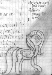 Size: 2095x3008 | Tagged: safe, artist:mfg637, fluttershy, g4, cyrillic, female, grayscale, high res, lined paper, monochrome, programming, russian, sketch, solo, traditional art