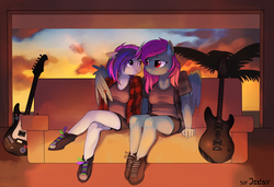 Size: 3000x2050 | Tagged: safe, artist:jedayskayvoker, oc, oc only, pegasus, unicorn, anthro, anthro oc, bad guitar anatomy, clothes, crossed legs, duo, electric guitar, female, guitar, high res, hug, lesbian, looking at each other, mare, musical instrument, oc x oc, shipping, smiling, winghug